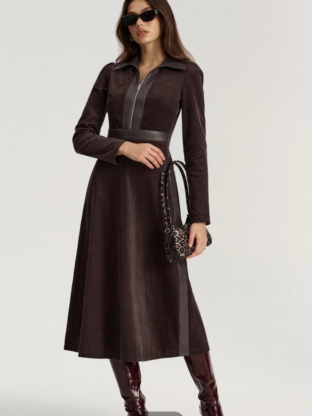 🌼B2G1🌼 Commense Dark Brown Long-Sleeve Midi Shirt Dress NWT - Picture 2 of 11